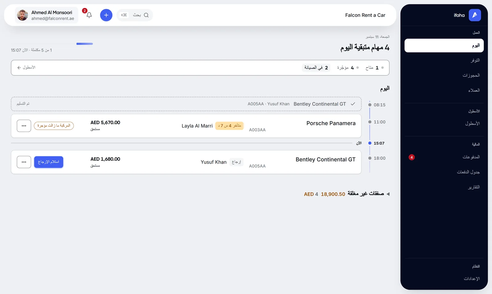 ifaha — شاشة «اليوم»: تسليمات وإرجاعات اليوم على خط زمني